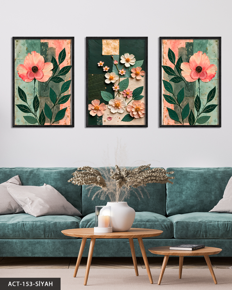 Renkli Zeminde Pembe Çiçekler 3 Parça Ahşap Çerçeveli Tablo ACT Siyah - 20 x 30 CM