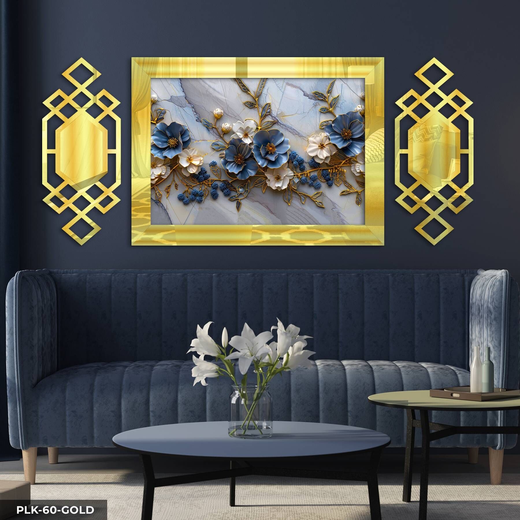 Gold Detaylı Mavi Beyaz Çiçekler Yan Dekorlu 3 Parça Pleksi Tablo DKRPLK 130 x 25 CM - Gold