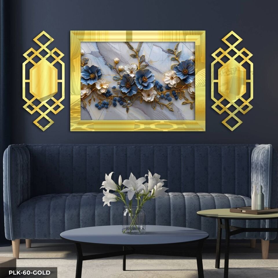 Gold Detaylı Mavi Beyaz Çiçekler Yan Dekorlu 3 Parça Pleksi Tablo DKRPLK 130 x 25 CM - Gold