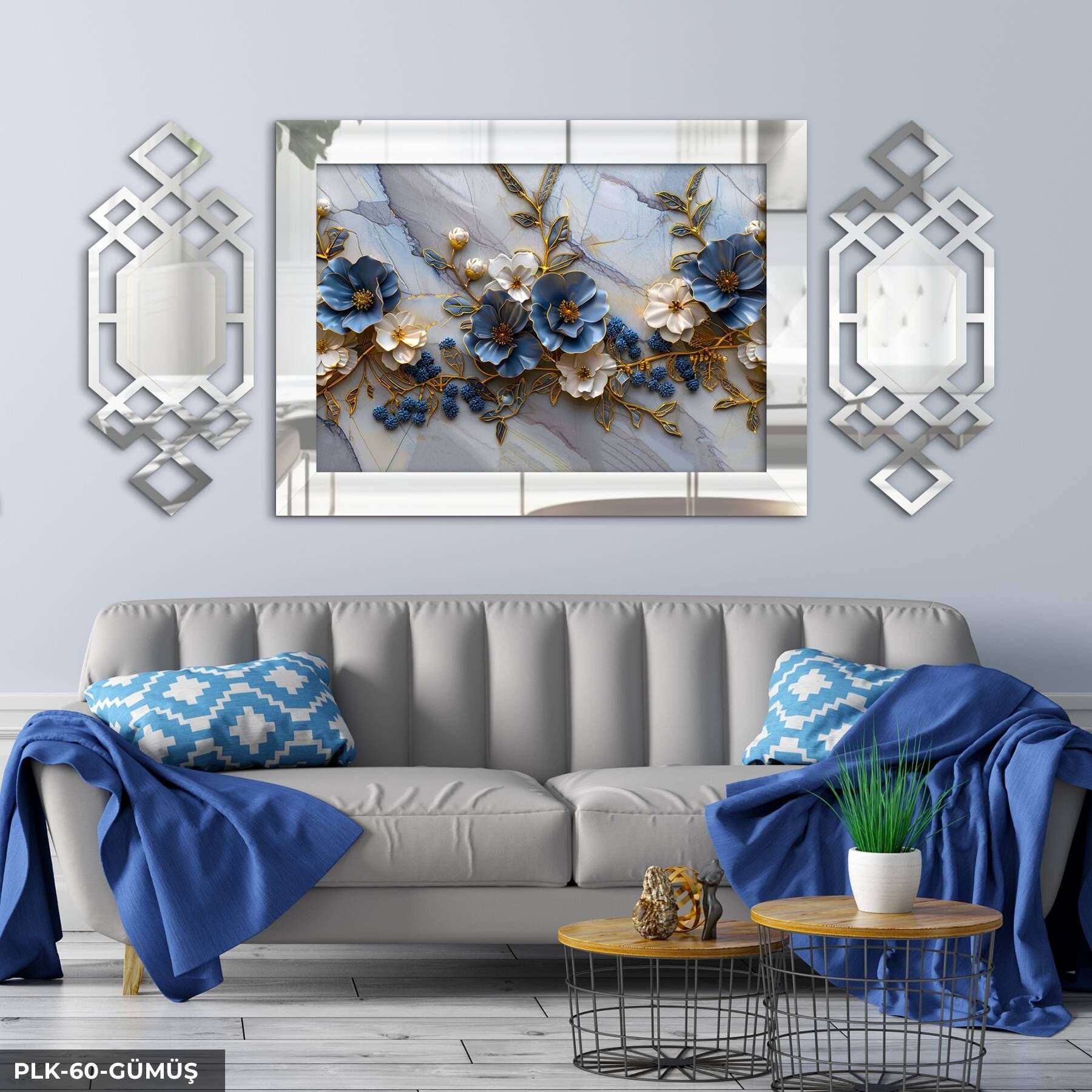 Gold Detaylı Mavi Beyaz Çiçekler Yan Dekorlu 3 Parça Pleksi Tablo DKRPLK 130 x 25 CM - Gümüş