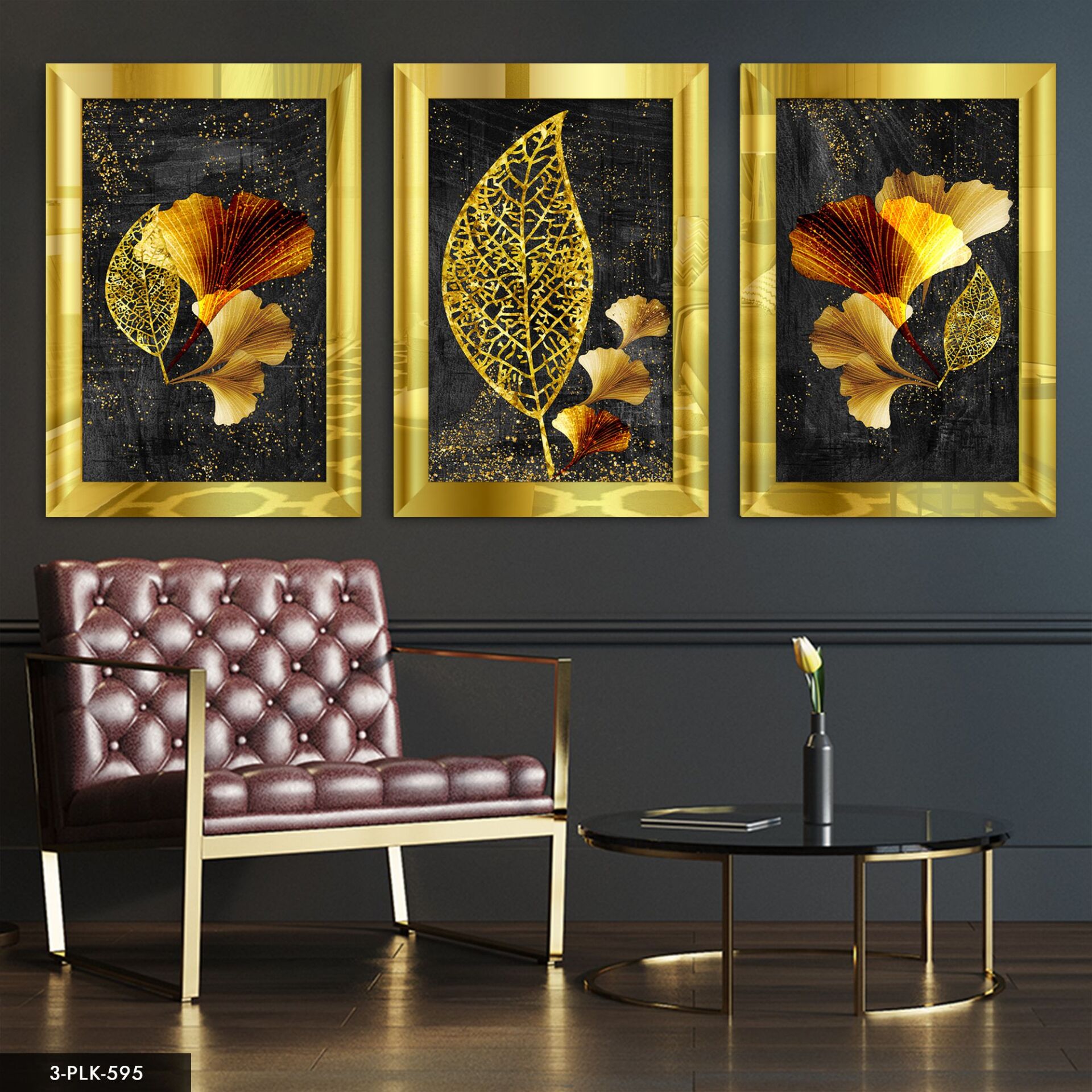 Soyut 3 Parça Pleksi Aynalı Tablo 50 x 70 CM - Gold