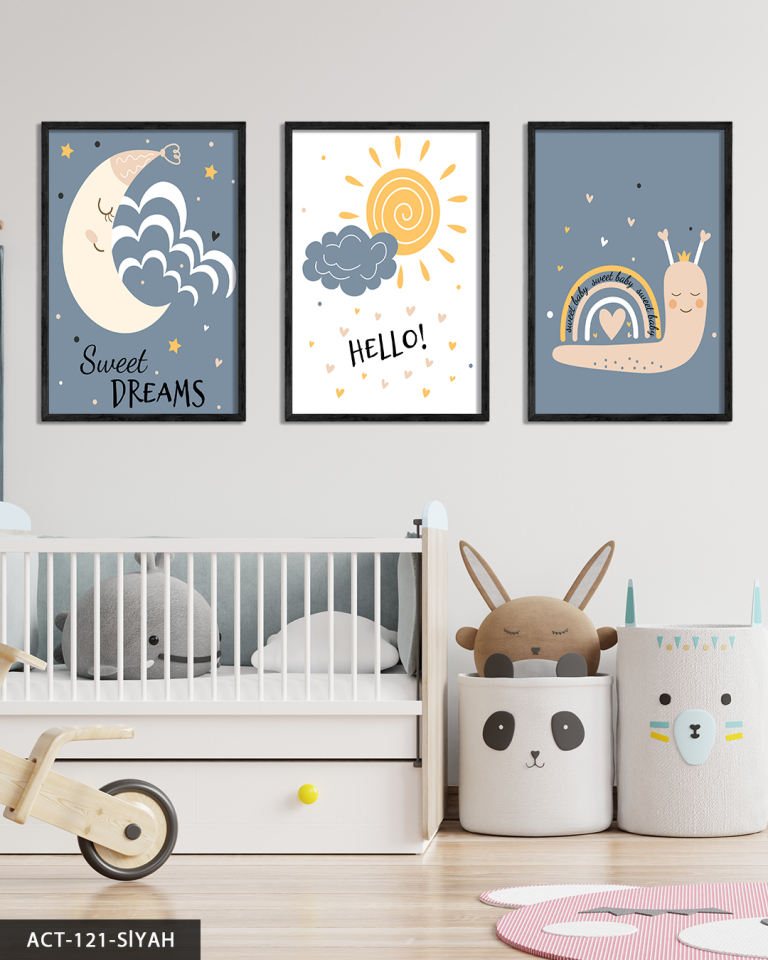 Hayvan Temalı Çocuk Odası 3 Parça Ahşap Çerçeveli Tablo ACT