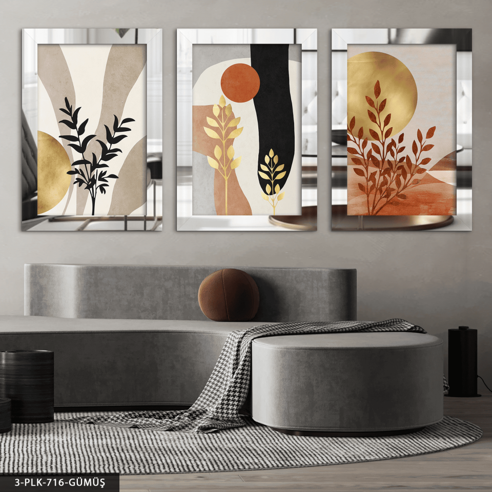 Boho Tarzı Gold Detaylı Desenler 3 Parça Pleksi Aynalı Tablo Gümüş - 50 x 70 CM