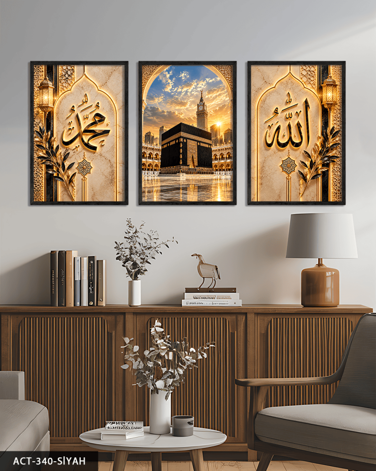 Allah Muhammed Yazılı Kabe 3 Parça Ahşap Çerçeveli Tablo ACT Siyah - 30 x 40 CM