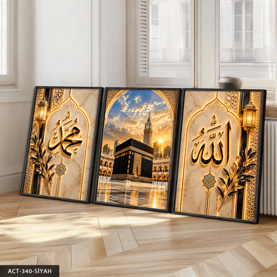 Allah Muhammed Yazılı Kabe 3 Parça Ahşap Çerçeveli Tablo ACT Siyah - 30 x 40 CM