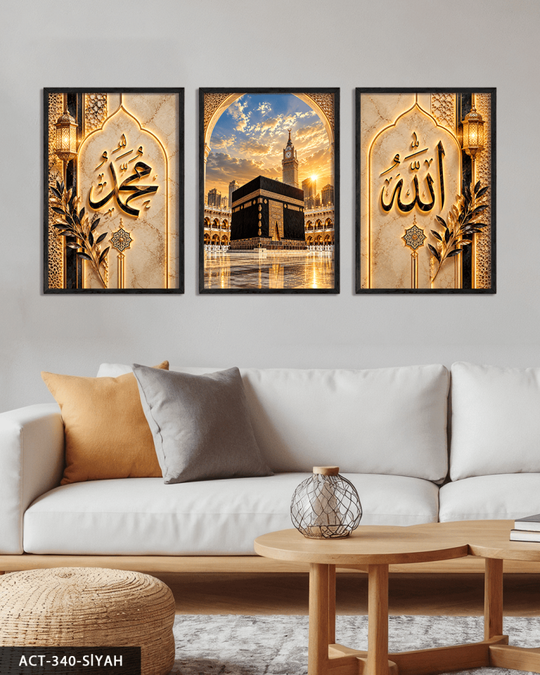 Allah Muhammed Yazılı Kabe 3 Parça Ahşap Çerçeveli Tablo ACT Siyah - 30 x 40 CM