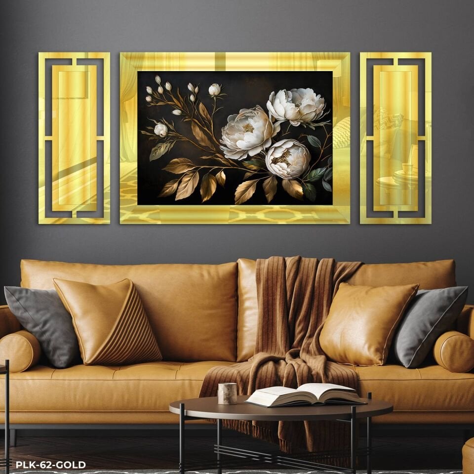 Gold Yapraklı Beyaz Çiçek Yan Dekorlu 3 Parça Pleksi Tablo DKRPLK 130 x 25 CM - Gold