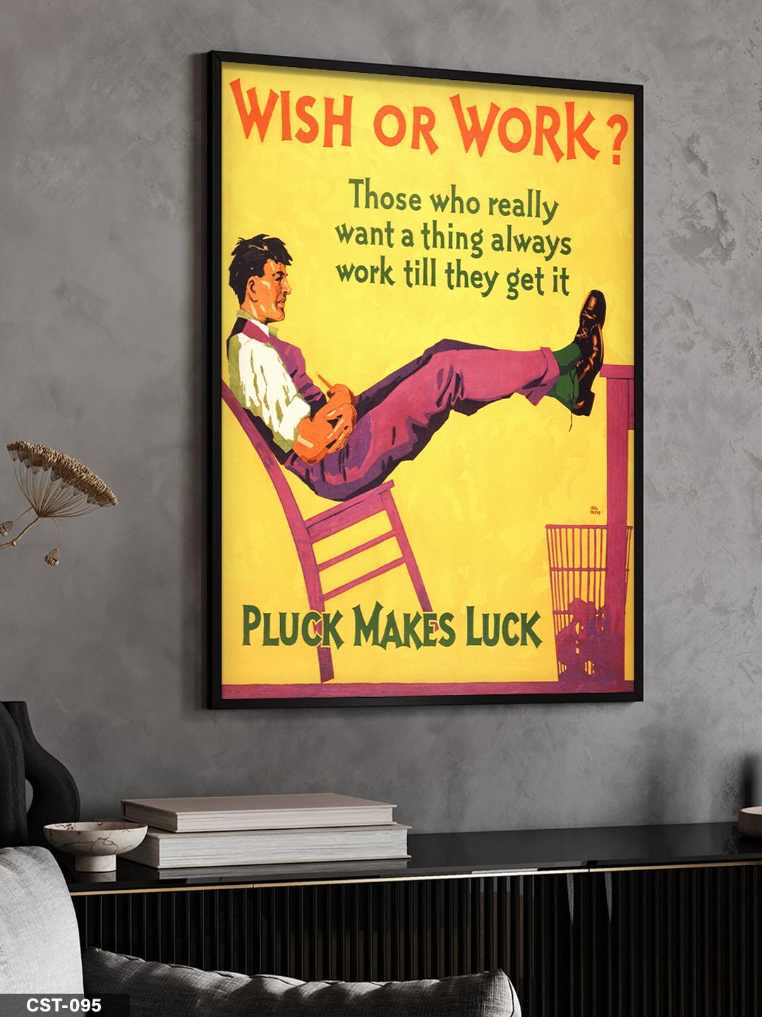 Sarı Fonlu Wish Or Work? Tipografik Tek Parça Ahşap Çerçeveli Tablo Siyah - 50 x 70 CM